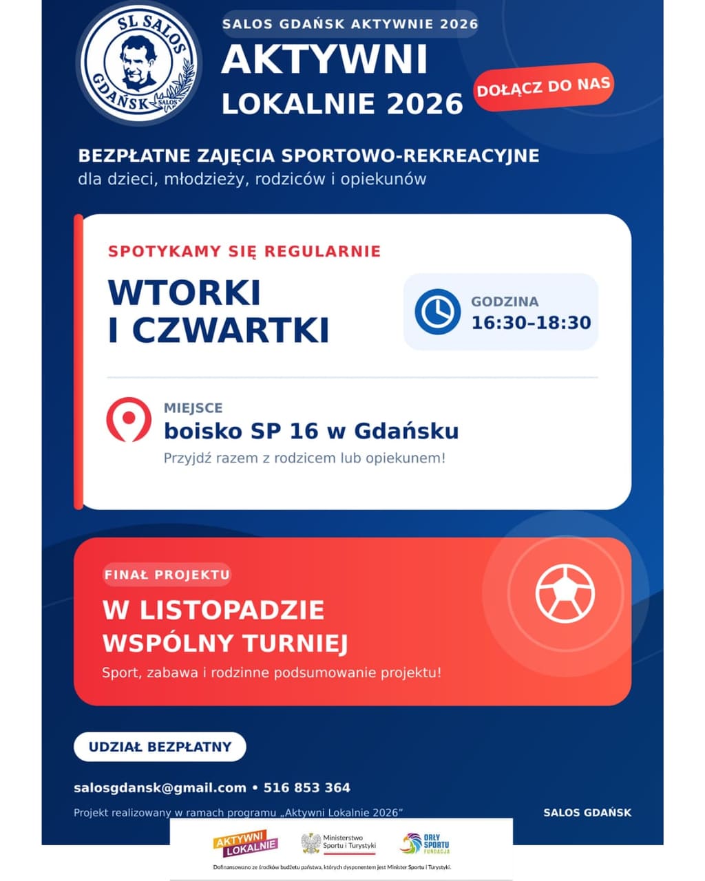 Plakat projektu SALOS Gdańsk Aktywnie 2026: bezpłatne zajęcia sportowo-rekreacyjne dla dzieci, młodzieży, rodziców i opiekunów we wtorki i czwartki w godzinach 16:30–18:30 oraz wspólny turniej w listopadzie.